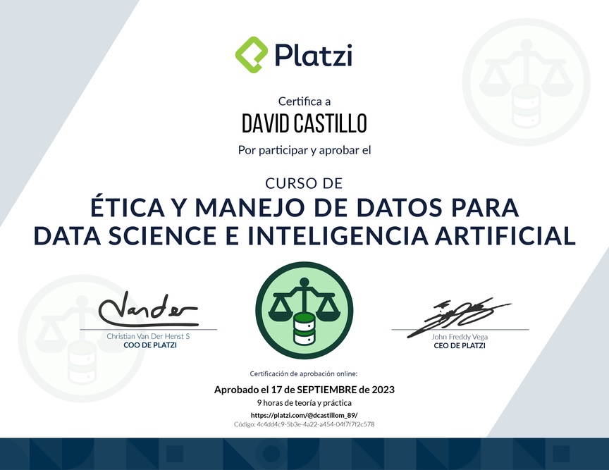 Diploma del Curso de Ética y Manejo de Datos para Data Science e Inteligencia Artificial