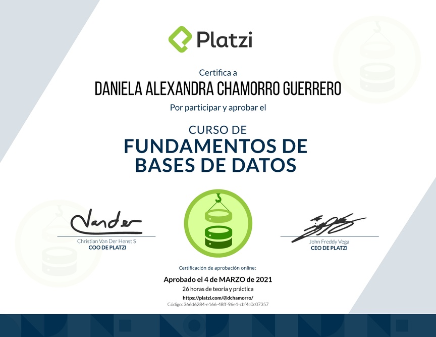 Diploma del Curso de Fundamentos de Bases de Datos 2019