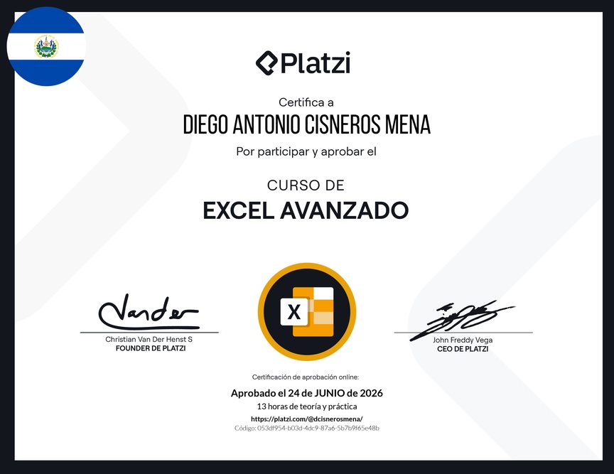 Diploma del Curso de Excel Avanzado