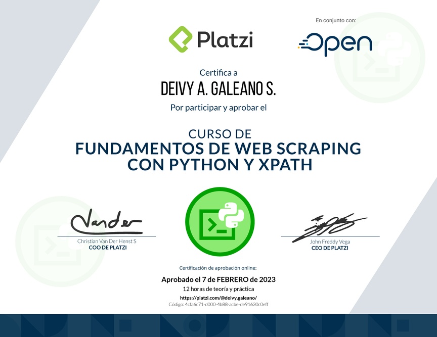 Diploma del Curso de Fundamentos de Web Scraping con Python y Xpath