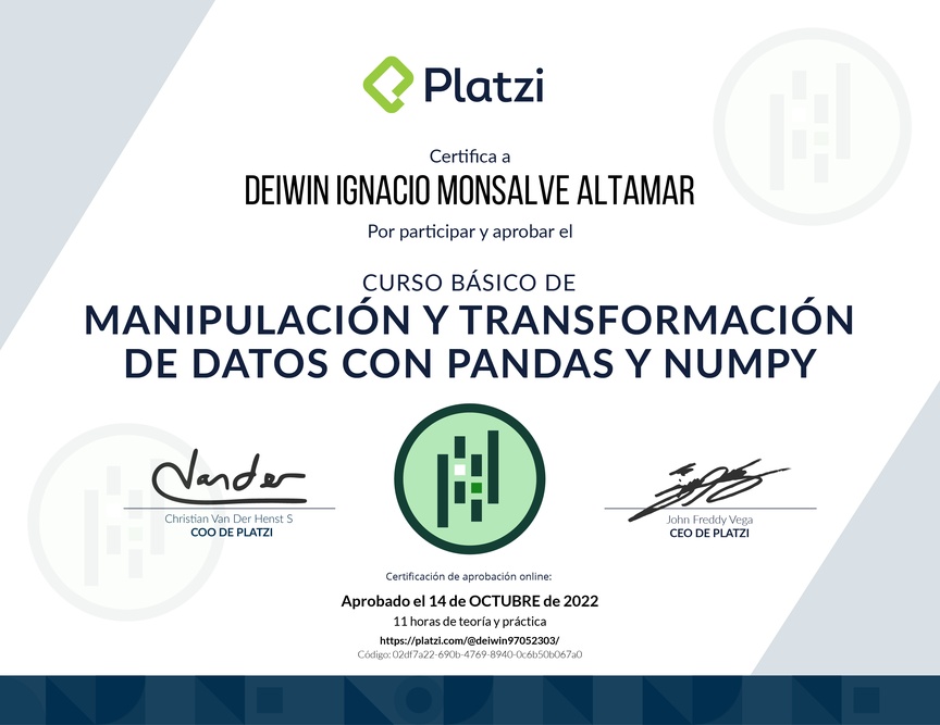 Diploma del Curso de Manipulación y Transformación de Datos con Pandas y NumPy