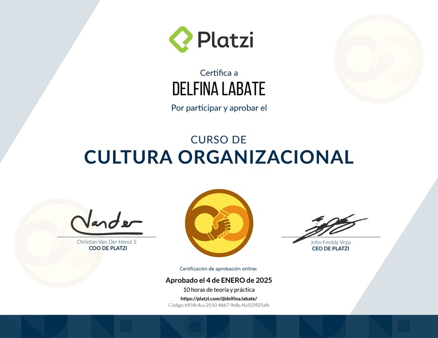 Diploma del Curso de Cultura Organizacional para Diagnosticar y Potenciar el Desarrollo de tu Empresa