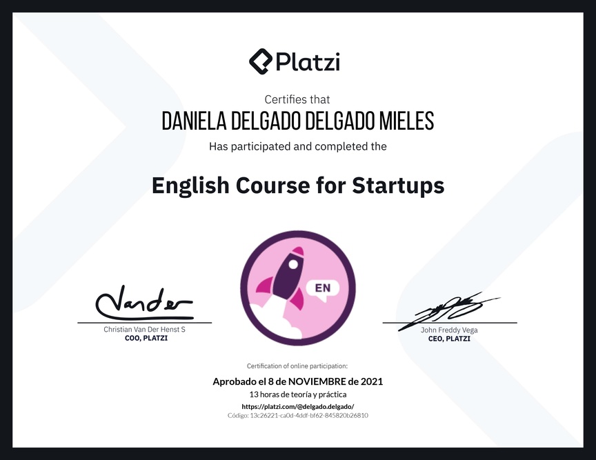 Diploma del Curso para Startups en Inglés (2021)