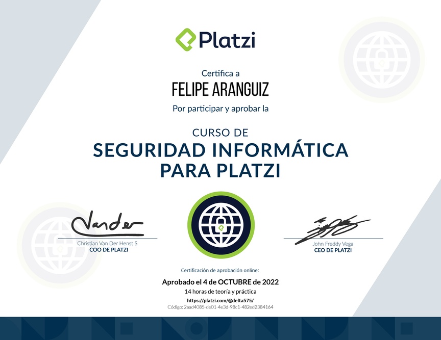 Diploma del Curso de Seguridad Informática para Platzi