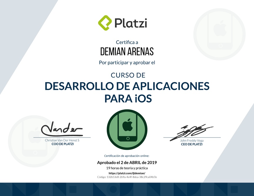 Diploma del Curso de Desarrollo de Aplicaciones iOS 2018