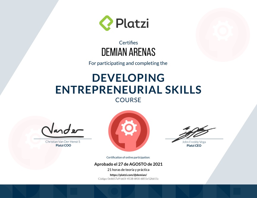Diploma del Curso de Innovación para Emprendimiento