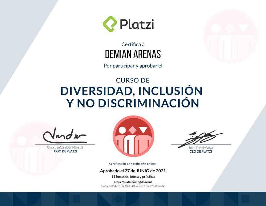 Diploma del Curso de Diversidad, Inclusión y No Discriminación