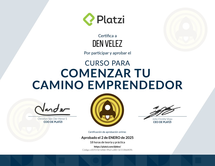 Diploma del Curso para Comenzar tu Camino Emprendedor