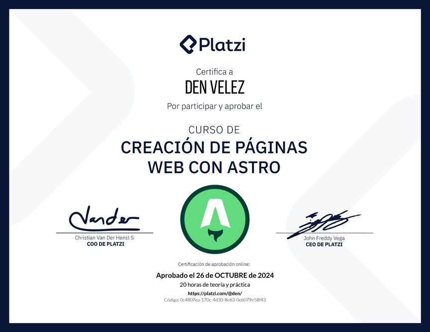 Diploma del Curso de Creación de Páginas Web con Astro
