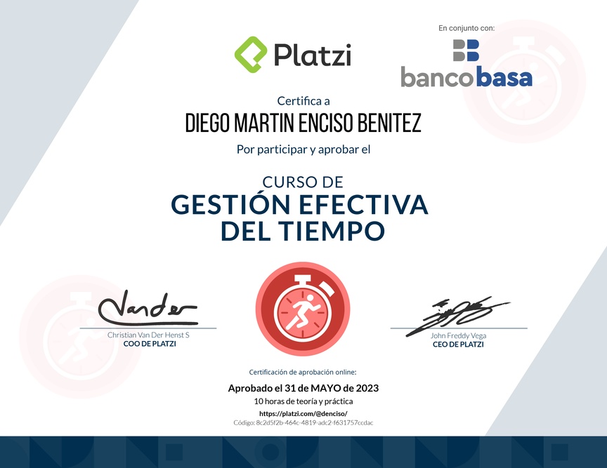 Diploma del Curso de Gestión Efectiva del Tiempo