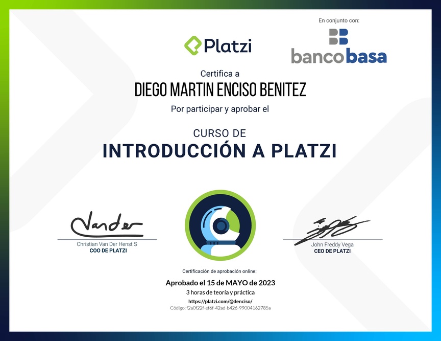 Diploma del Curso de Introducción a Platzi