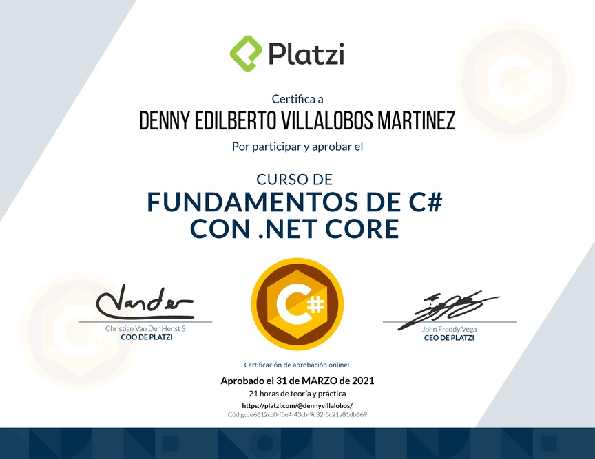 Diploma de Fundamentos de C# con NET Core 2.1
