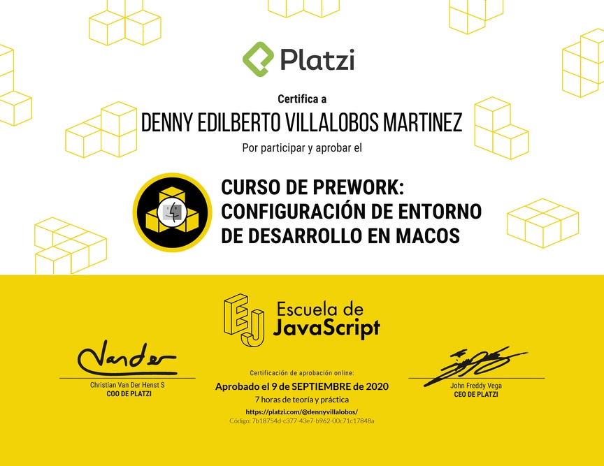 Diploma del Curso de Prework: Buenas Prácticas y Entorno de Desarrollo en macOS 2019