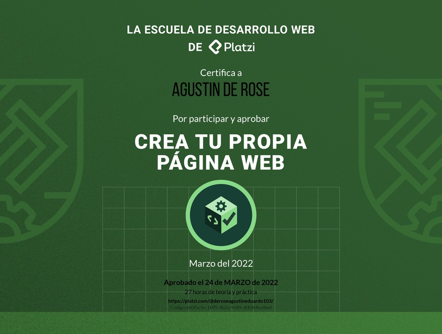 Diploma de Diploma del #PlatziChallenge: Crea tu Primera Página web 2022