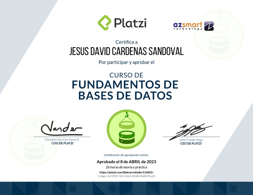 Diploma del Curso de Fundamentos de Bases de Datos 2019