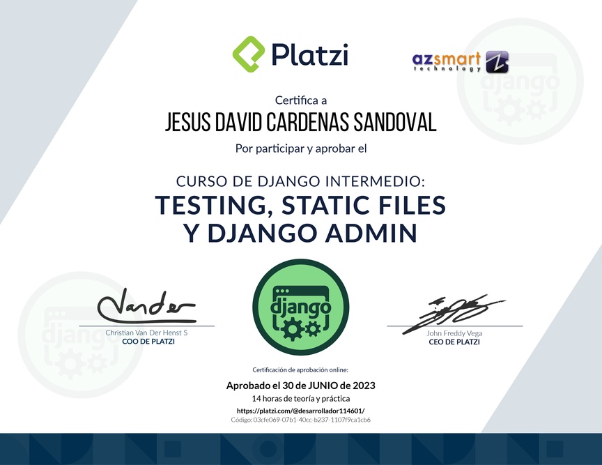 Diploma del Curso de Django Intermedio: Testing, Static Files, Django Admin