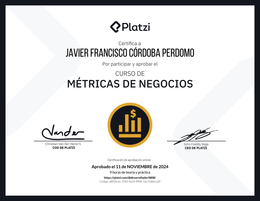 Diploma del Curso de Métricas Esenciales de Negocio