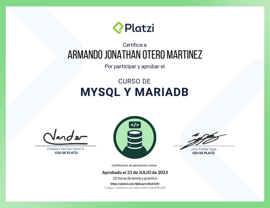 Diploma del Curso de Bases de Datos con MySQL y MariaDB
