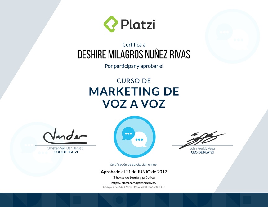 Diploma del Curso Gratis de Marketing Voz a Voz 2016