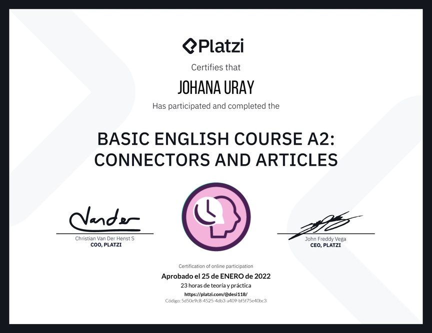Diploma del Curso de Inglés Básico A2: Conectores y Artículos