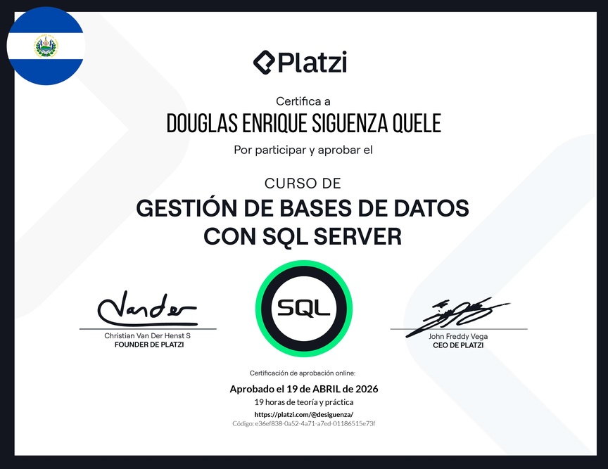 Diploma del Curso de Gestión de Bases de Datos con SQL Server