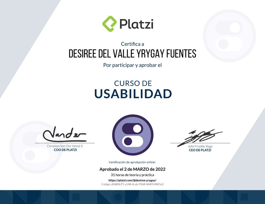 Diploma del Curso de Usabilidad: Principios, Pruebas y Herramientas Avanzadas