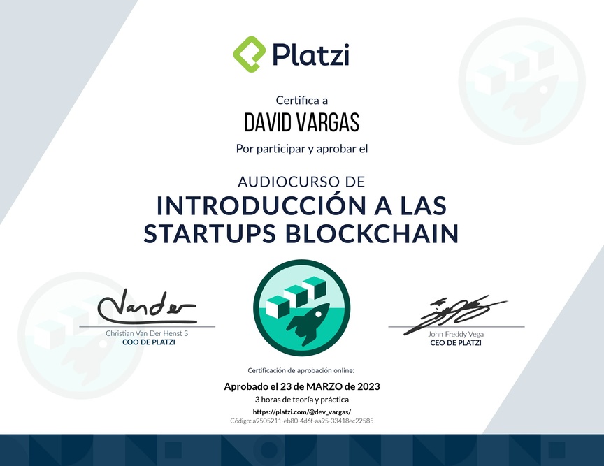 Diploma de Audiocurso de Introducción a las Startups Blockchain