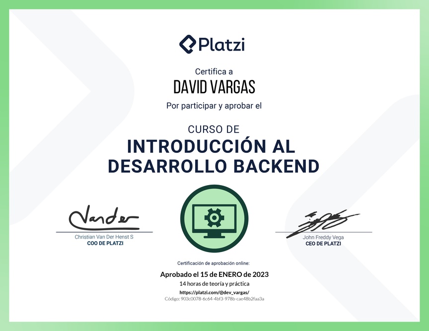 Diploma del Curso de Introducción al Desarrollo Backend
