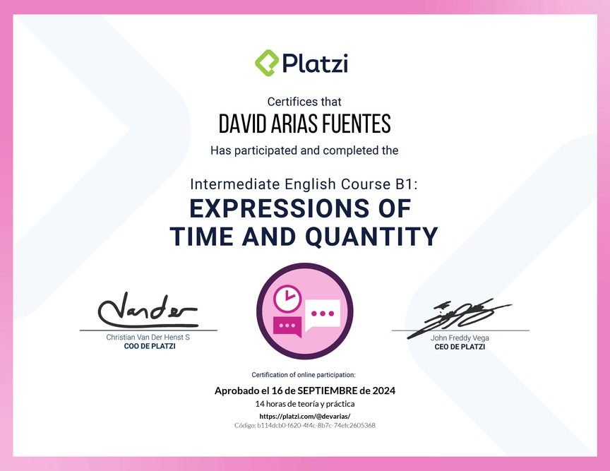 Diploma del Curso de Inglés Intermedio B1: Expresiones de Tiempo y Cantidad