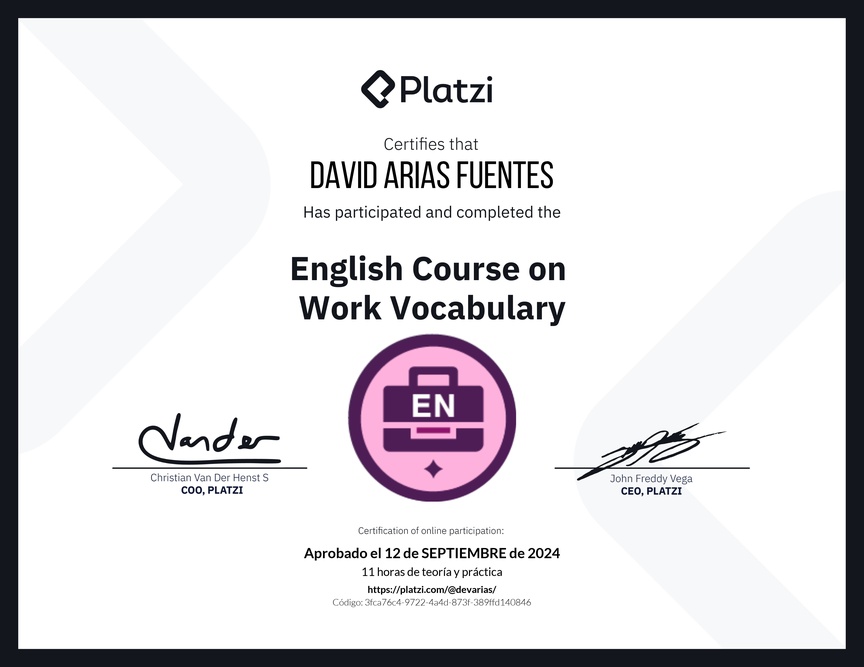 Diploma del Curso de Vocabulario en Inglés para el Trabajo