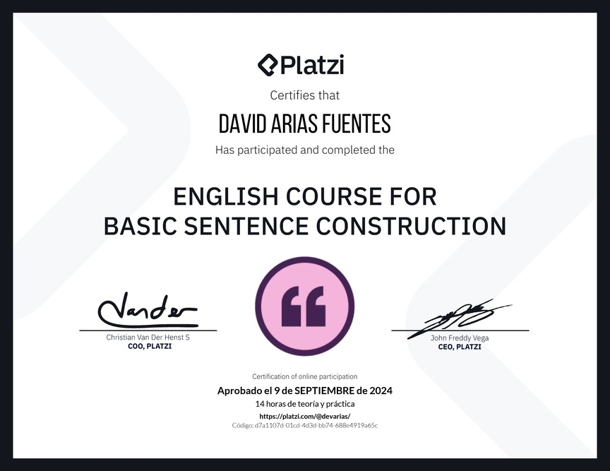 Diploma del Curso de Construcción de Oraciones en Inglés