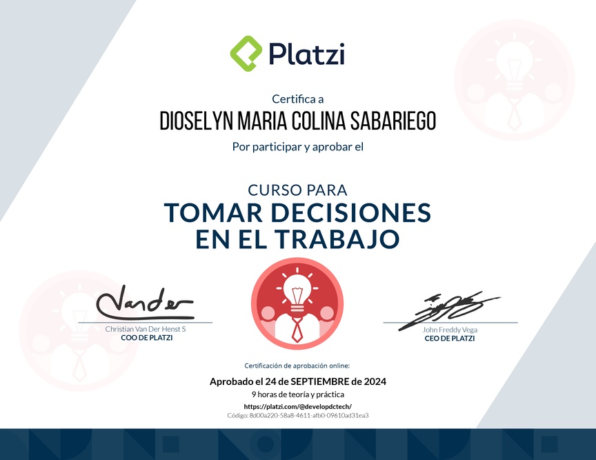 Diploma del Curso para Tomar Decisiones en el Trabajo