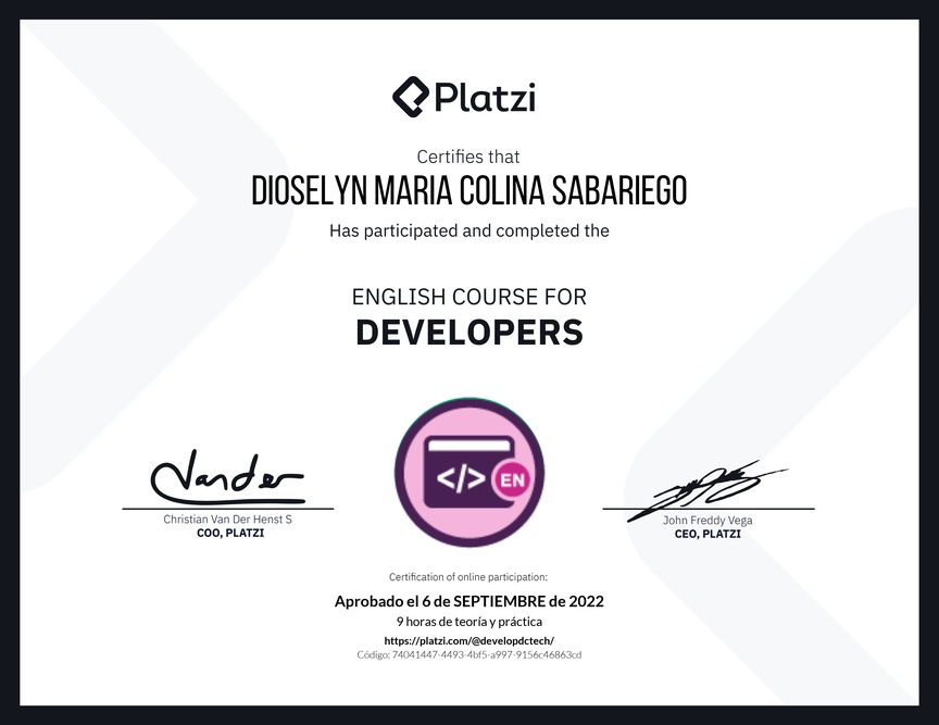 Diploma del Curso de Inglés para Programadores