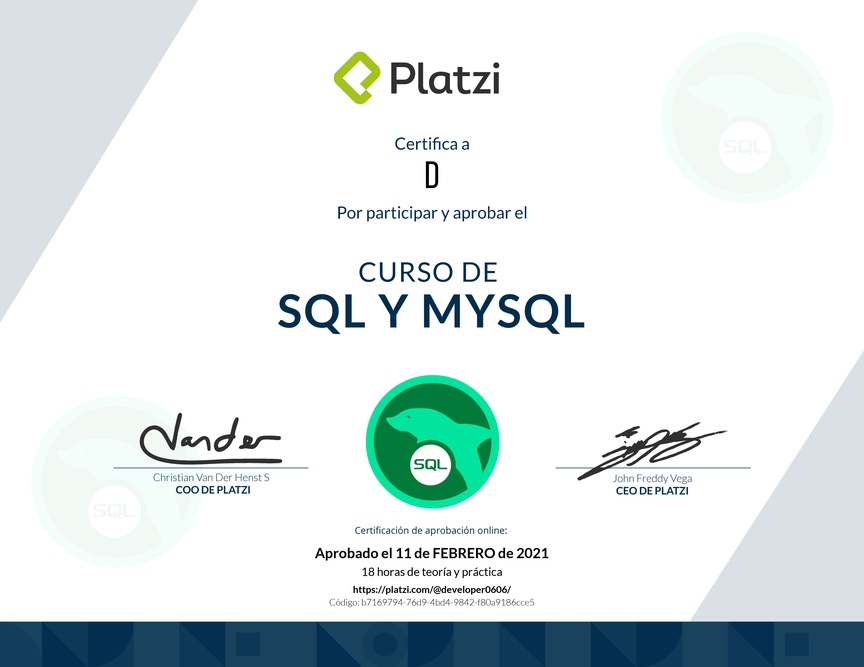 Diploma del Curso de SQL y MySQL 2018