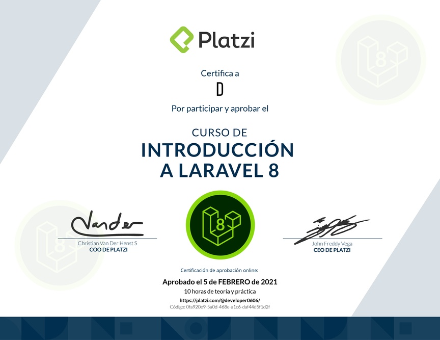 Diploma del Curso de Introducción a Laravel 8