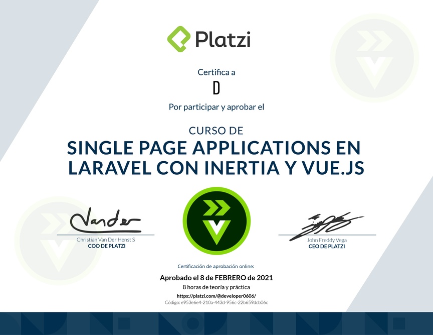 Diploma del Curso de Single Page Applications en Laravel con Inertia y Vue.js
