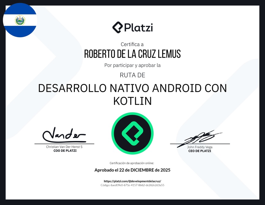 Diploma de la Ruta de Aprendizaje de Desarrollo Nativo Android con Kotlin