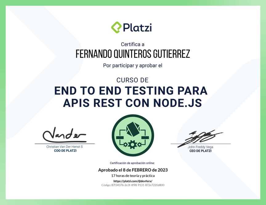 Diploma del Curso de End to End Testing para APIs REST con Node.js