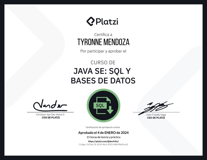 Diploma del Curso de Java SE: SQL y Bases de Datos