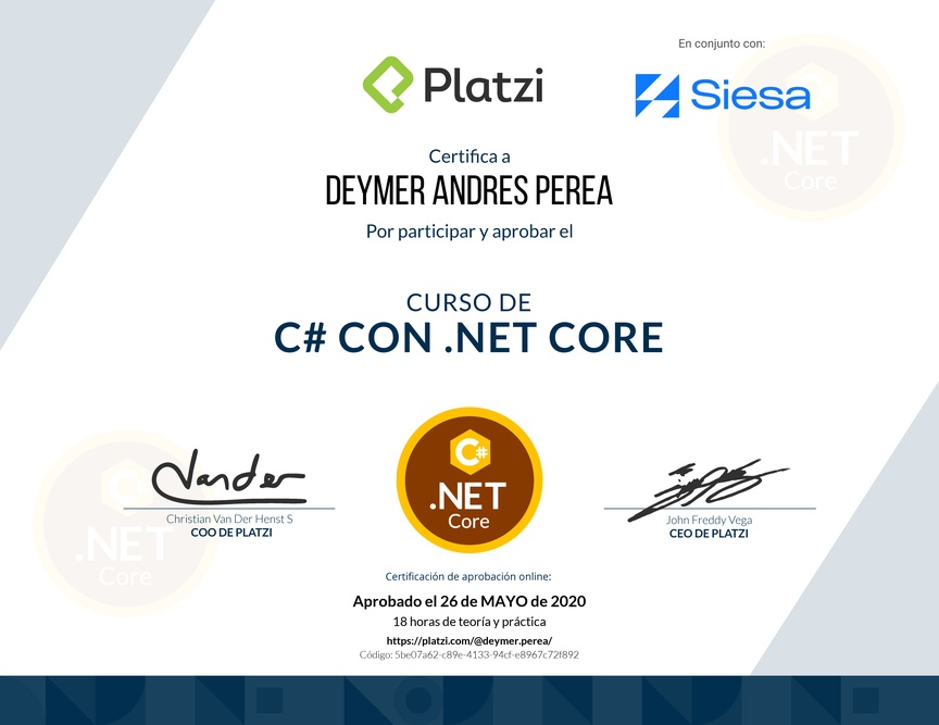 Diploma del Curso de C# con .Net Core 2.1