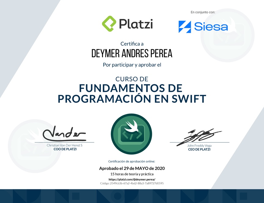 Diploma del Curso de Introducción a Swift (2019)