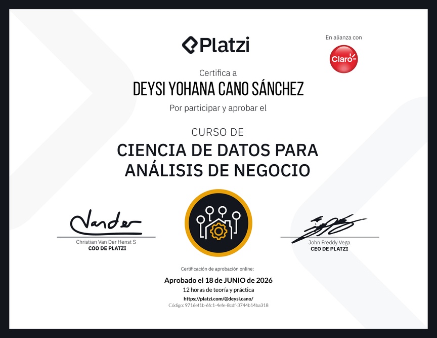 Diploma del Curso de Ciencia de Datos para Análisis de Negocio