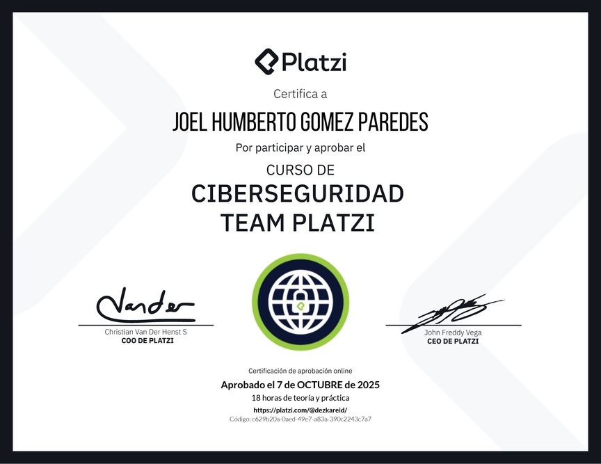 Diploma del Curso de Ciberseguridad y Privacidad - Team Platzi