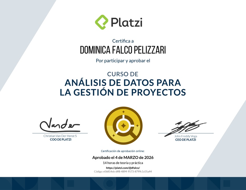 Diploma del Curso de Análisis de Datos para la Gestión de Proyectos