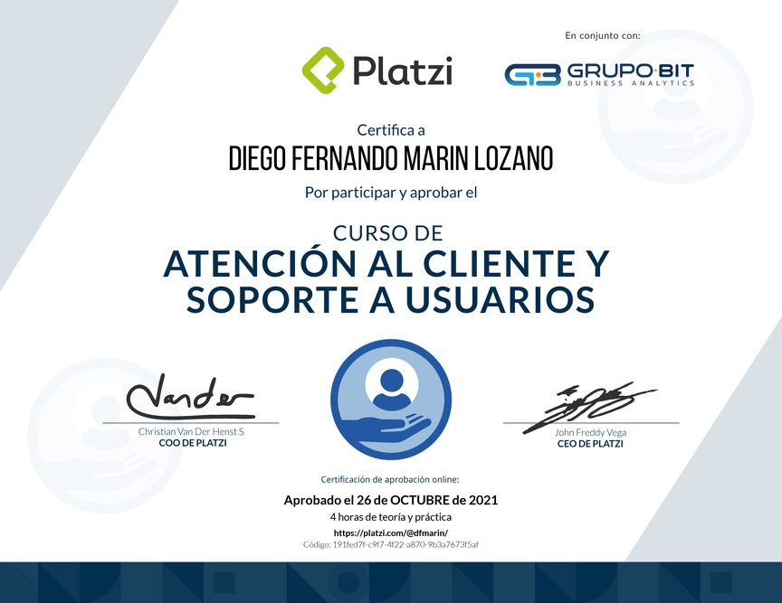 Diploma del Curso de Servicio al Cliente y Soporte a Usuarios