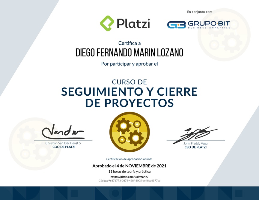 Diploma del Curso de Seguimiento y Cierre de Proyectos