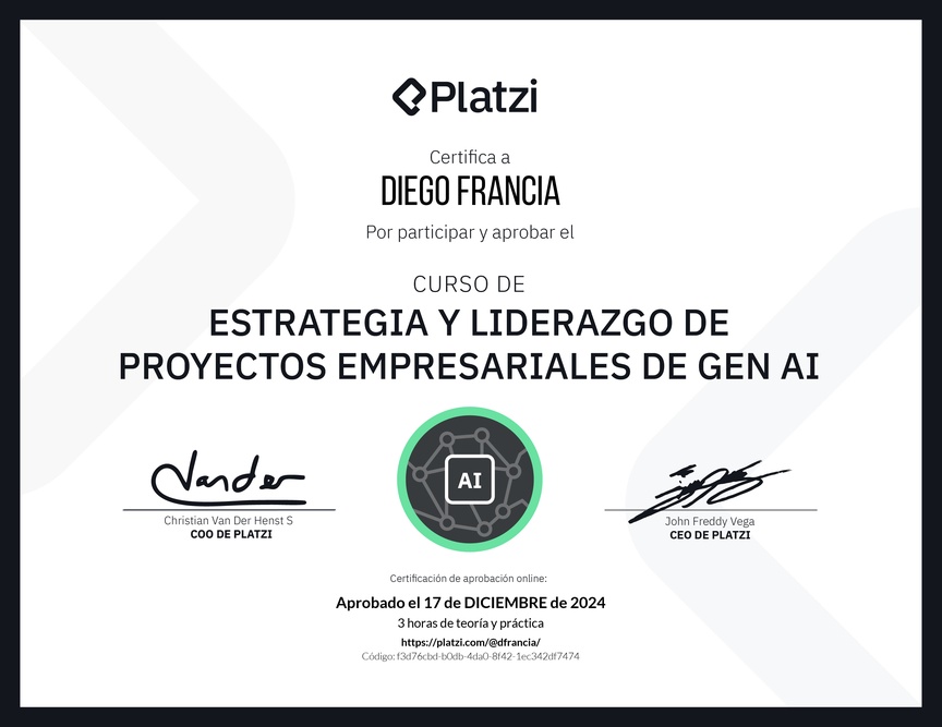 Diploma del Curso de Estrategia y Liderazgo de Proyectos Empresariales de Gen AI