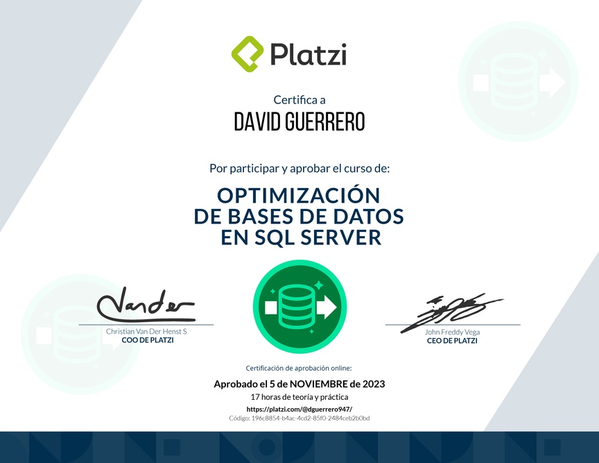 Diploma del Curso de Optimización de Bases de Datos en SQL Server