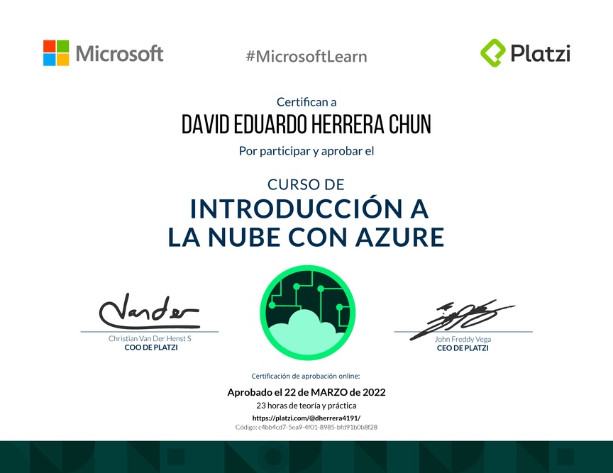 Diploma del Curso de Introducción a la Nube con Azure