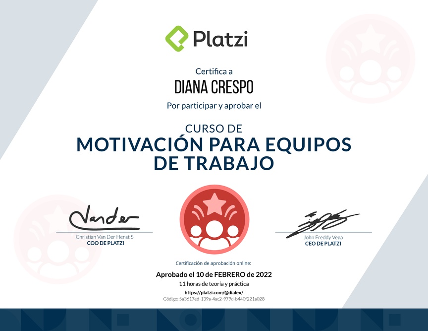 Diploma del Curso de Motivación para Equipos de Trabajo